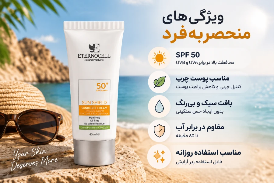 مشخصات ضد آفتاب سان شیلد اترنوسل SPF 50